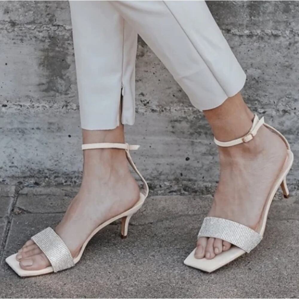 Lulus Shylaa Light Nude Rhinestone Square-Toe Ankle Strap Heels - 7.5